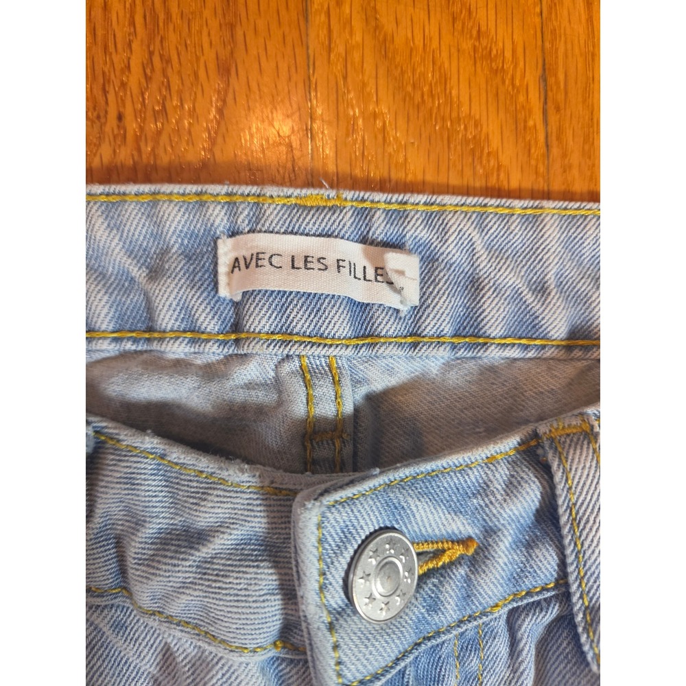 Avec Les Filles Light Wash Distressed Straight Leg Jeans Size 27 High Rise‎ Raw - Picture 5 of 12